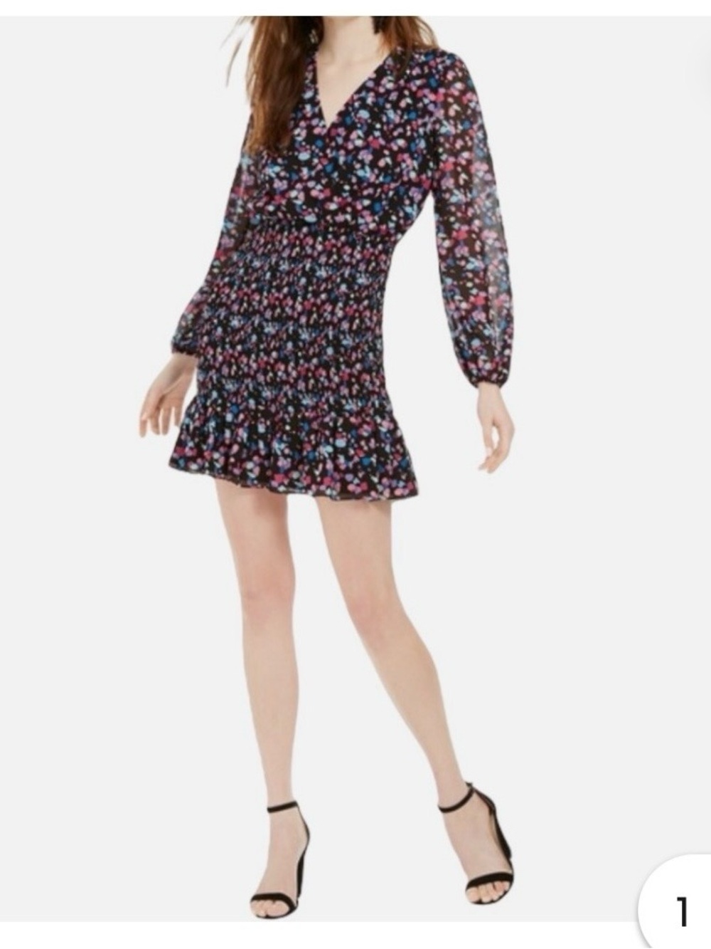 Floral Smocked Long-Sleeve Mini Dress - Black/Pink